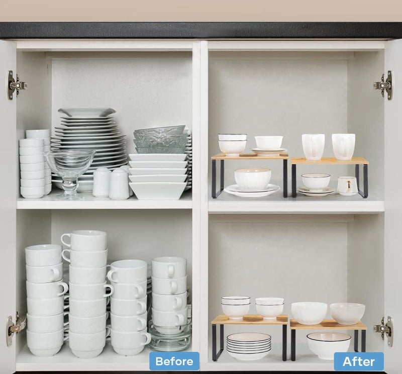 NEX Kitchen Cabinet and Counter Shelf Organizer, Stackable & Expandable, Black and Natural - Image 3